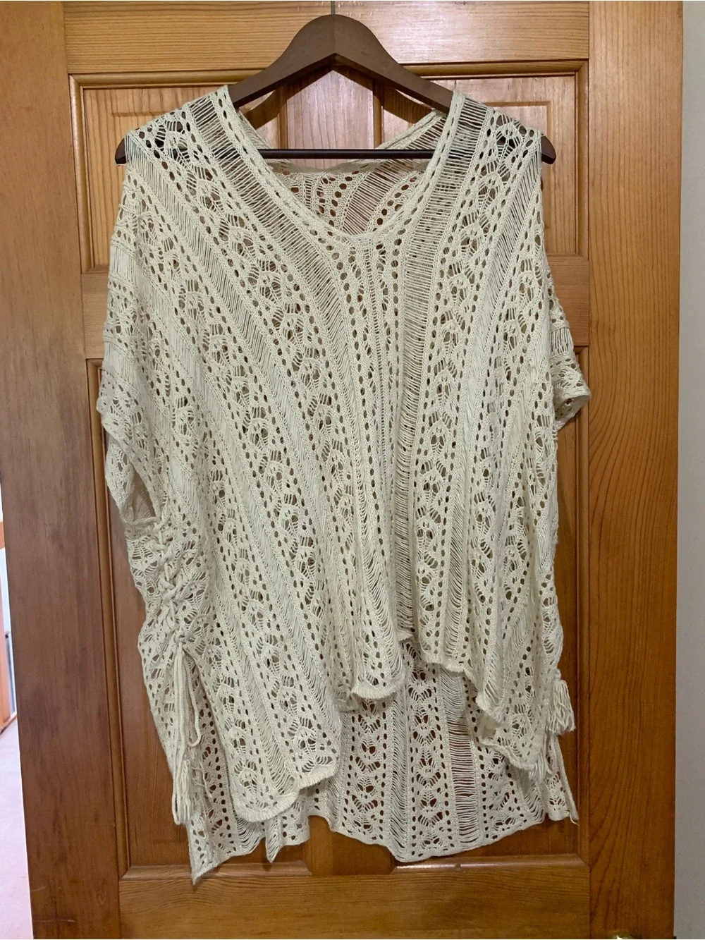 Beige Crochet V-Neck Beach Cover-Up - Picture 2 of 4